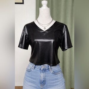 Black Faux Leather V-Neck Top | Size M